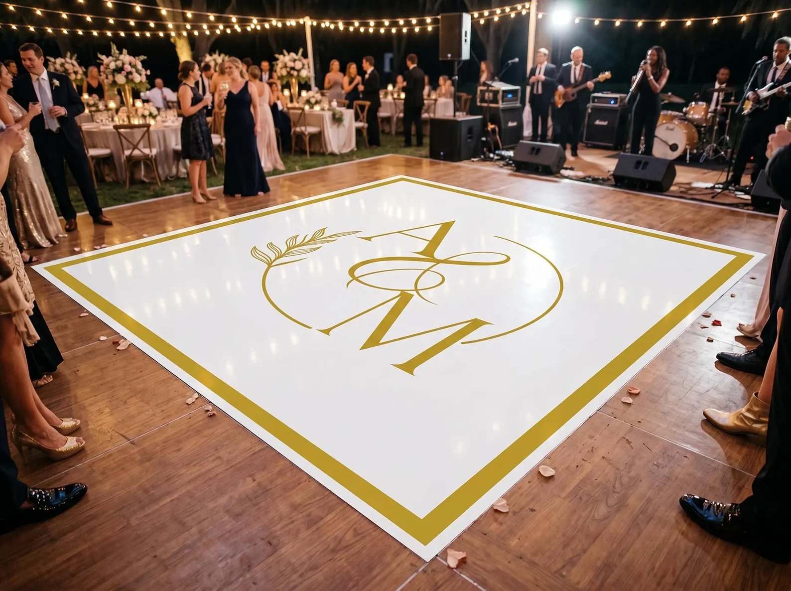 Custom printed vinyl dance floor design at a Portland wedding reception