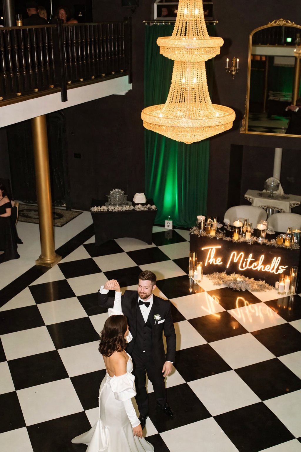 Checkered dance floor set up at a museum venue reception in Portland